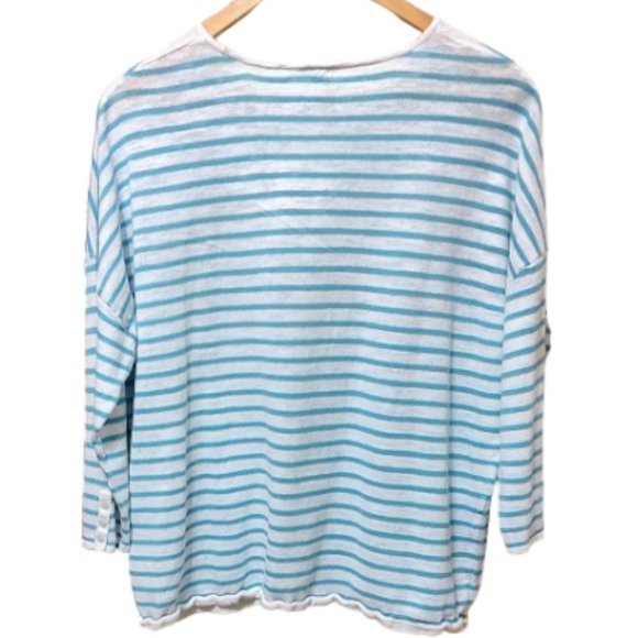 J. Jill Lightweight Turquoise White Stripe Linen Cotton Blend Knit Top Sz Large - Picture 3 of 5